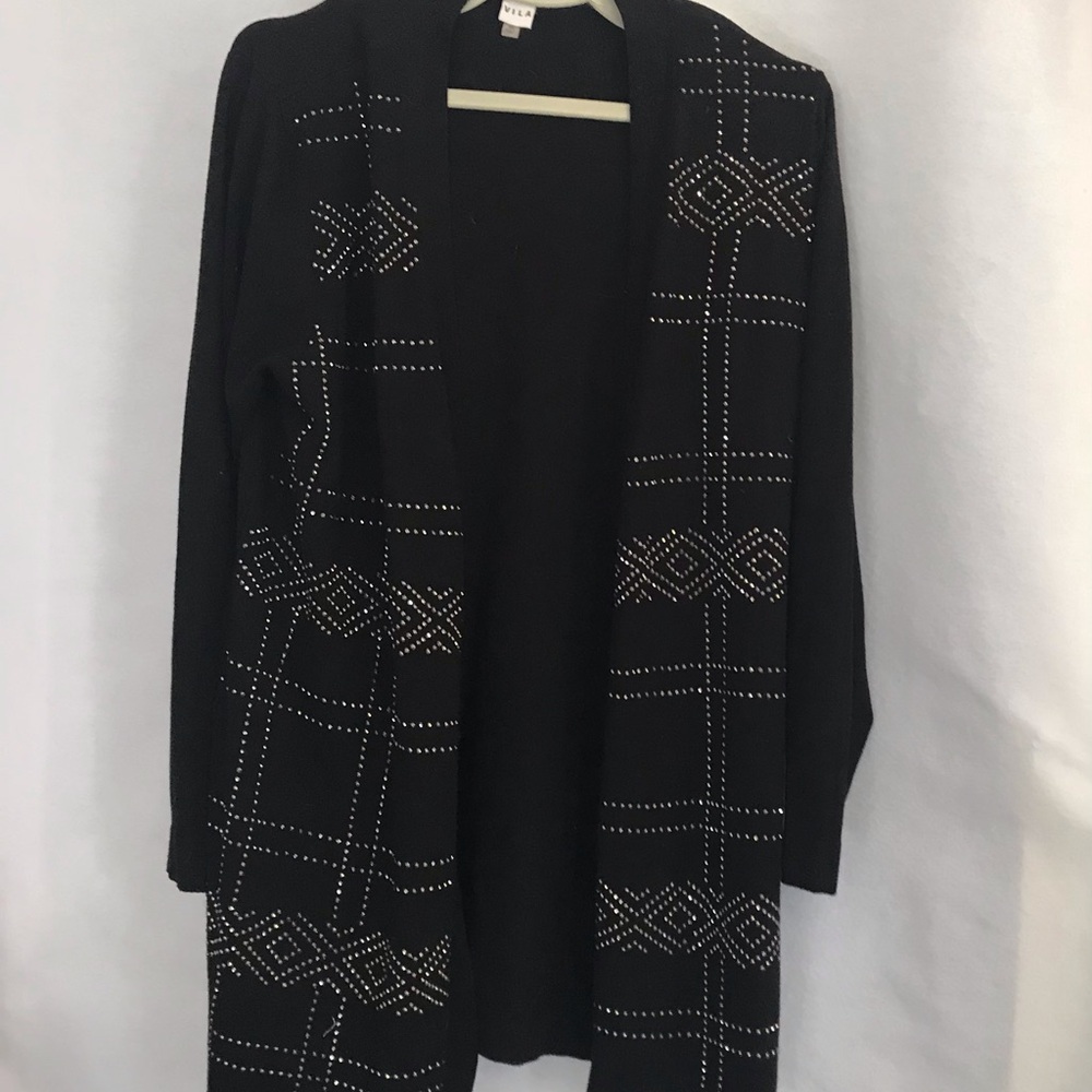 VILA Black Studded Open-Front Long Cardigan Sweater